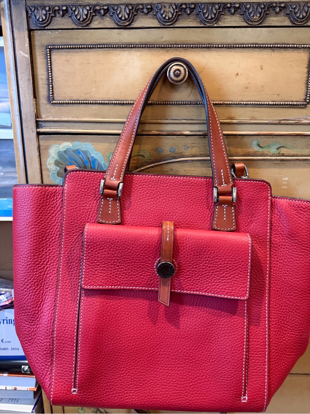 Dooney & Bourke Red Pebbled Leather Tote with classic Brown Handles
